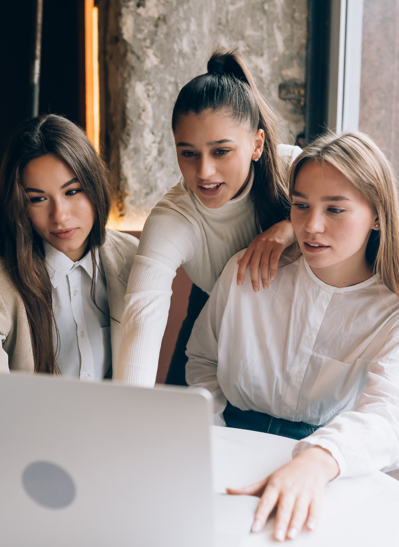 Group Women Friends Cafe Are Looking Laptop
