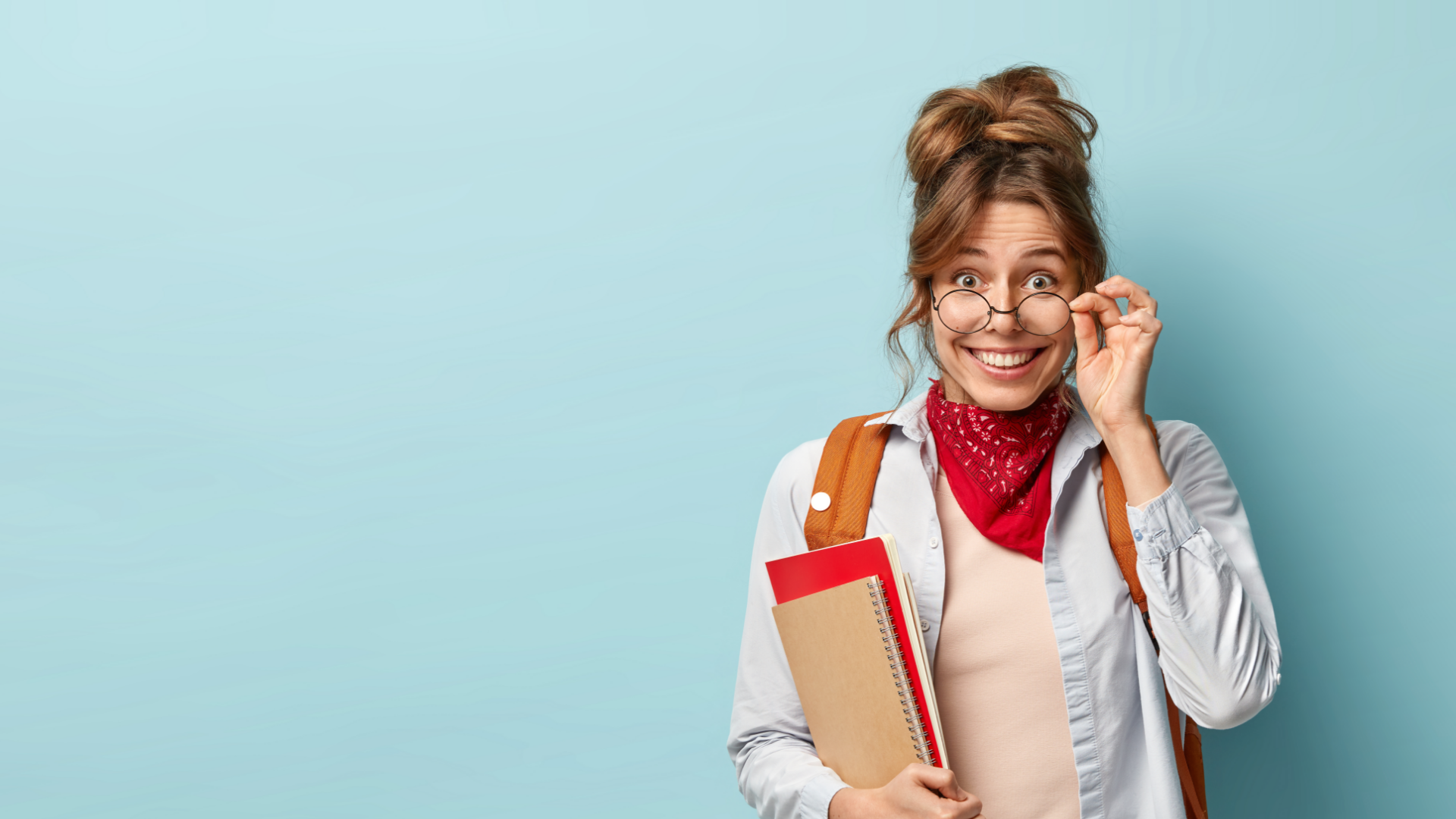 Indoor Shot Happy Good Looking Young College Student Wears Optical Round Glasses